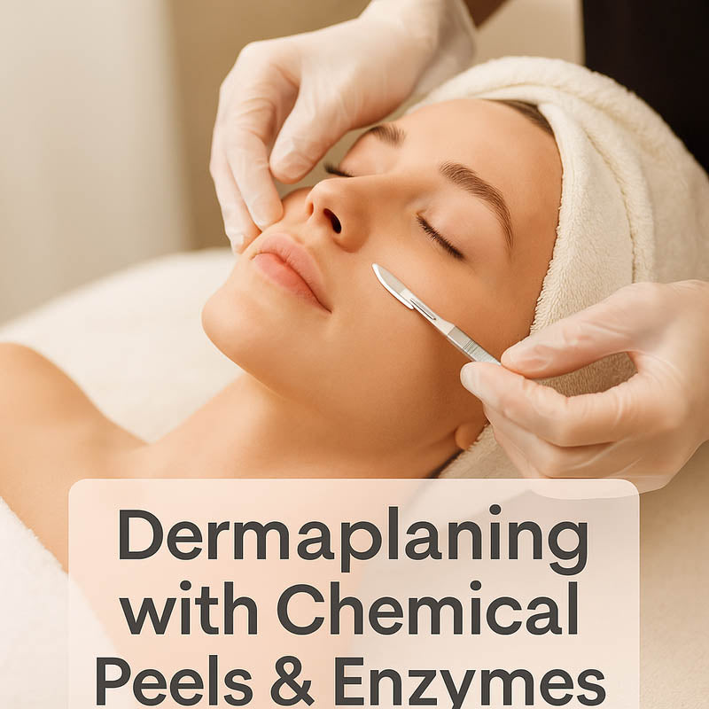 Dermaplaning with Chemical Peels & Enzymes course thumbnail featuring esthetician performing dermaplaning on a client in a luxury spa setting.