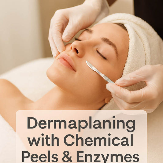 Dermaplaning with Chemical Peels & Enzymes course thumbnail featuring esthetician performing dermaplaning on a client in a luxury spa setting.