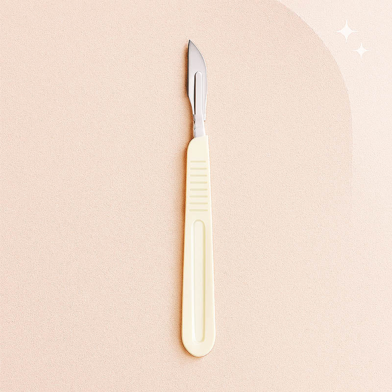 Luxury disposable dermaplaning blade handle with attached surgical blade displayed on a champagne satin background — elegant, high-end spa aesthetic ideal for estheticians and skincare professionals, optimized for Shopify product listings