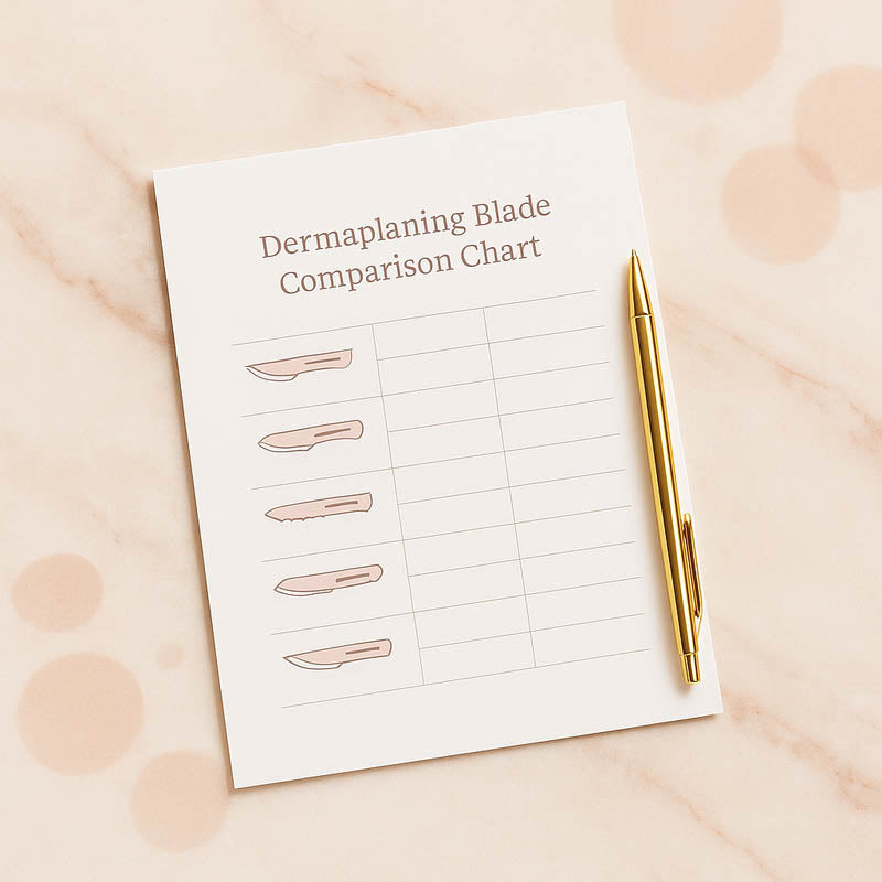 Printable dermaplaning blade guide with illustrated blade shapes on a luxe marble surface.