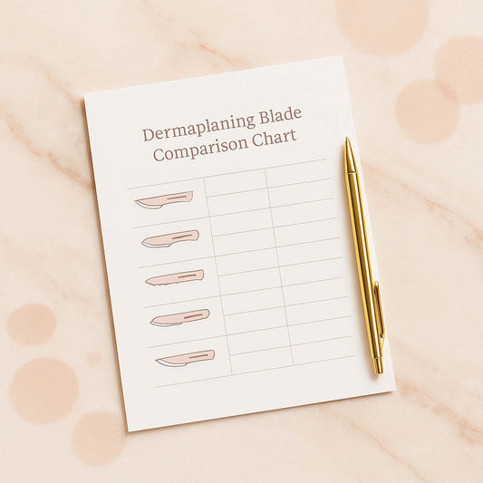 Printable dermaplaning blade guide with illustrated blade shapes on a luxe marble surface.