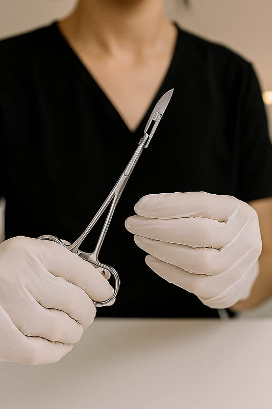 Licensed esthetician using stainless steel hemostatic forceps during a dermaplaning treatment in a clean, professional spa setting, demonstrating precision, safety, and advanced skincare technique