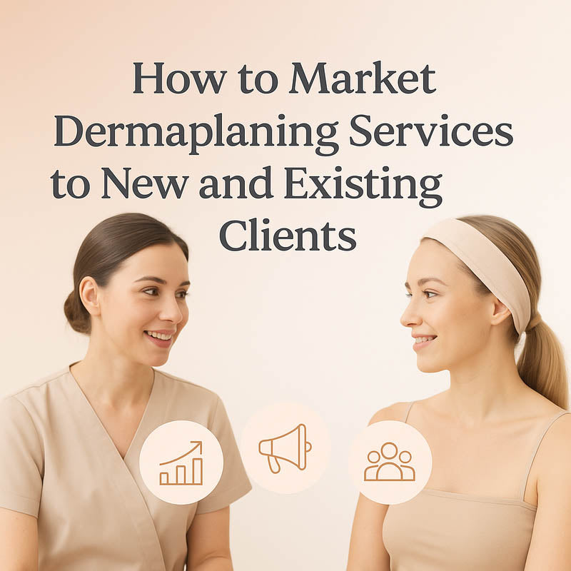 Digital course thumbnail showing an esthetician consulting with a client, featuring blush and nude branding and marketing icons for the Dermaplaning Marketing course
