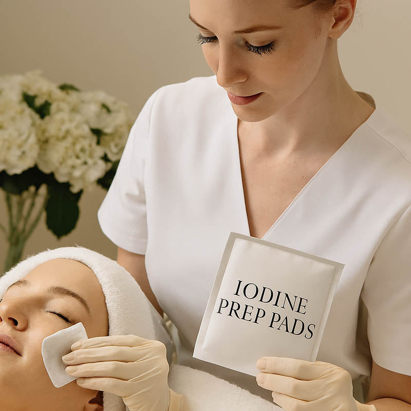 Professional esthetician wearing gloves using an iodine prep pad to cleanse a client’s skin before a dermaplaning treatment, highlighting hygiene, safety, and proper skincare preparation techniques