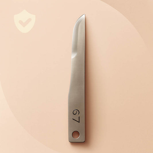 Luxury #67 surgical dermaplaning blade displayed on a champagne satin background — polished stainless steel with engraved “#67,” showcasing precision craftsmanship and professional-grade quality for estheticians and skincare specialists, styled for high-end Shopify product listings