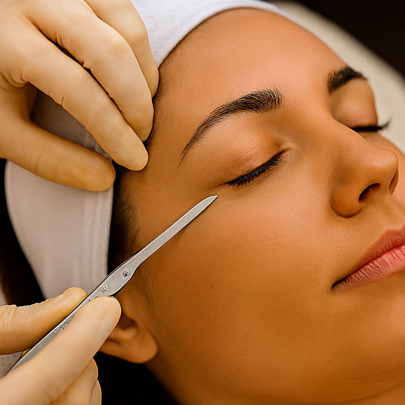 Professional esthetician performing a dermaplaning treatment around a client’s eyes using a precision surgical blade — demonstrating gentle exfoliation, safety, and expert technique in a clean, luxury spa setting for smoother, radiant skin results.