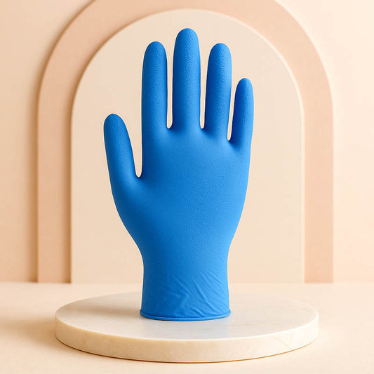Professional blue nitrile glove displayed on a white marble platform with soft beige spa background, representing high-quality disposable gloves for estheticians and skincare professionals