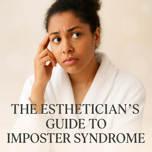 Digital course thumbnail for The Esthetician’s Guide to Imposter Syndrome featuring a thoughtful esthetician and soft blush spa branding