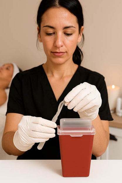 Professional esthetician safely disposing of a used #10 dermaplaning blade into a sharps container — demonstrating proper hygiene, safety, and sanitation practices in a clean, spa-like skincare treatment environment.