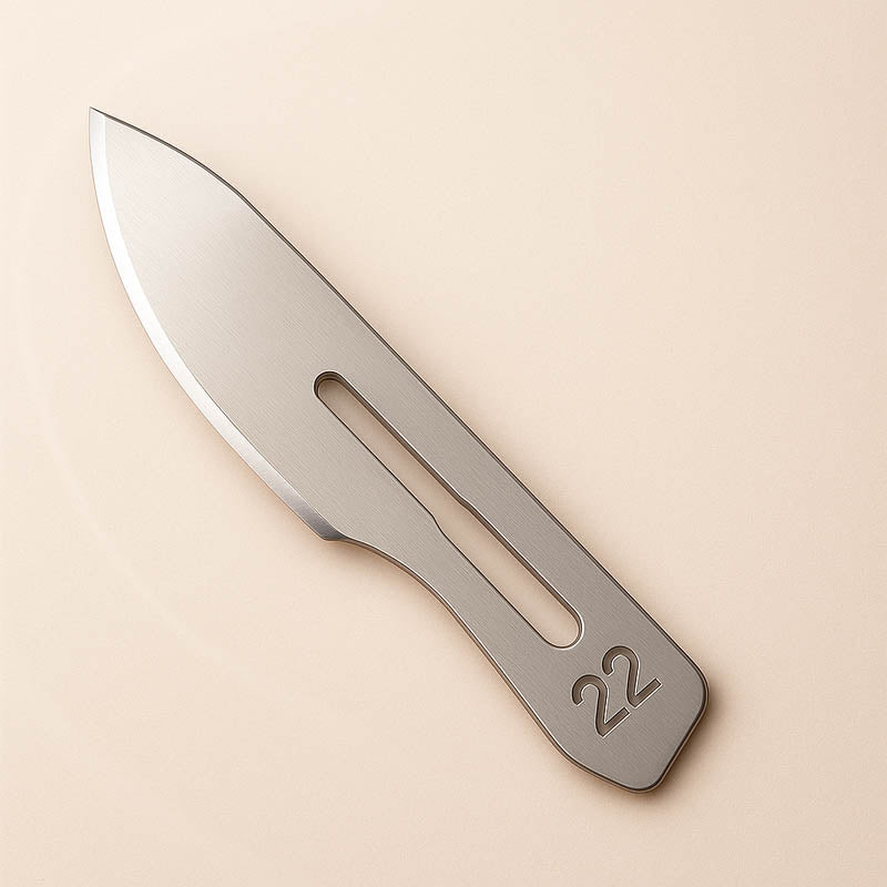 Close-up of a stainless steel number 22 surgical blade used for dermaplaning, featuring engraved “22” marking on a soft neutral background, ideal for professional estheticians and skincare treatments.