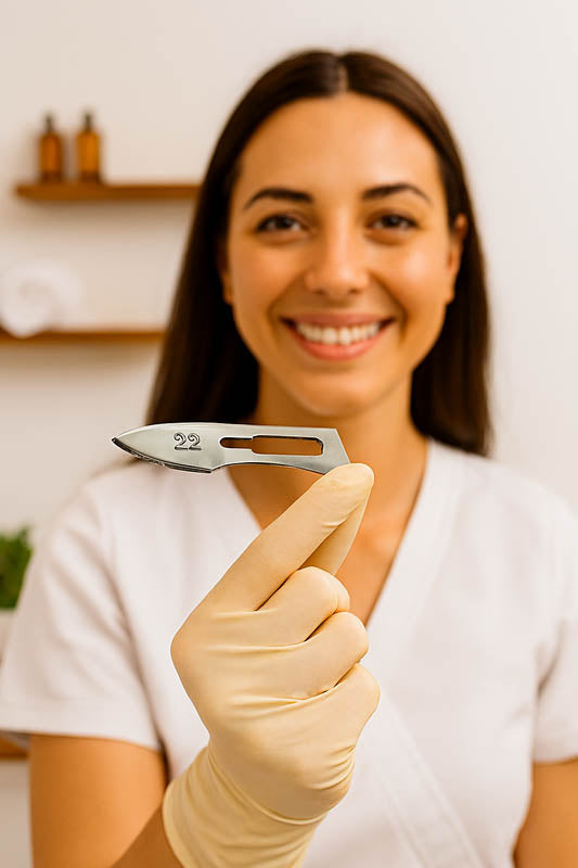 Professional esthetician holding a number 22 dermaplaning blade with gloved hands in a clean spa setting, highlighting precision, safety, and high-quality skincare treatment tools.