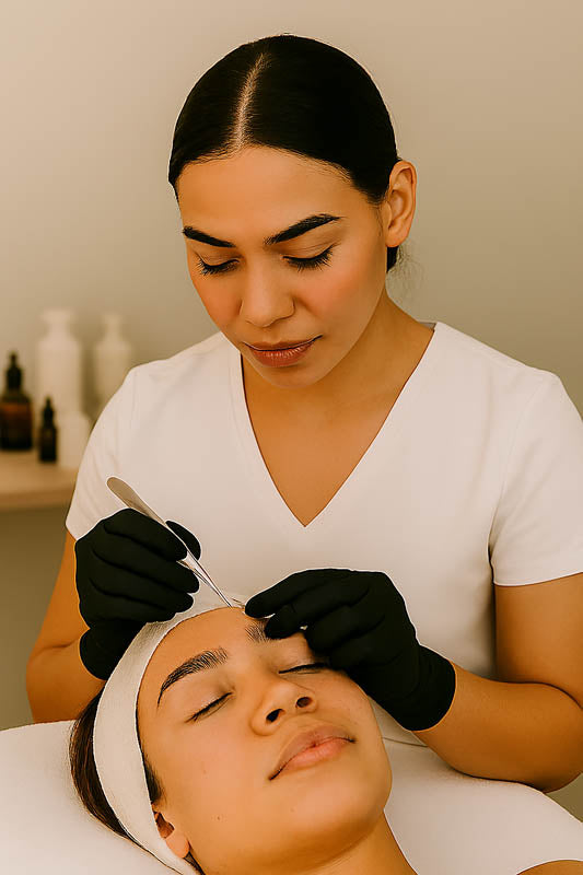 Professional esthetician using slanted tweezers during a facial or brow treatment — demonstrating precision, hygiene, and expert care in a clean, spa-like setting, ideal for promoting professional skincare tools and services.