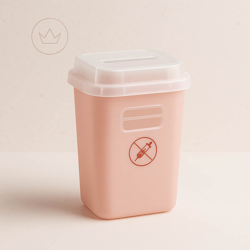 Elegant sharps container for estheticians displayed with soft gold lighting and spa-inspired luxury aesthetic