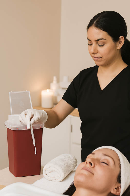 Licensed esthetician safely disposing of a used dermaplaning blade into a sharps container during treatment cleanup.