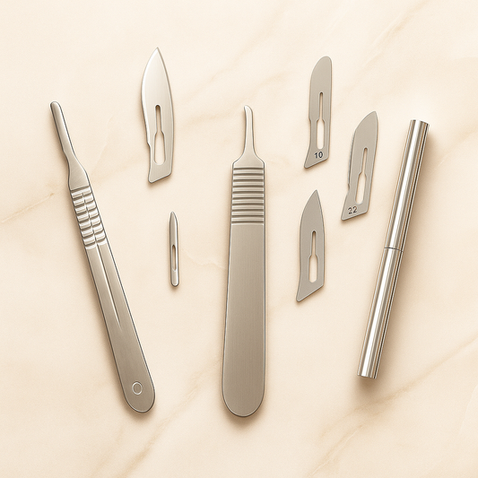 Professional dermaplaning tools including stainless steel handles and various surgical blades arranged neatly on a soft beige marble spa surface under warm lighting, luxury minimalist design for esthetician