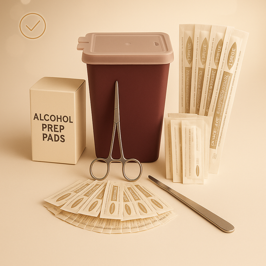 Luxury dermaplaning blade kit deluxe for estheticians displayed on a soft cream background with a burgundy sharps container, alcohol prep pads, sterile dermaplaning blades, and stainless steel tools arranged neatly — high-end spa aesthetic, ideal Shopify product image for skincare professionals.