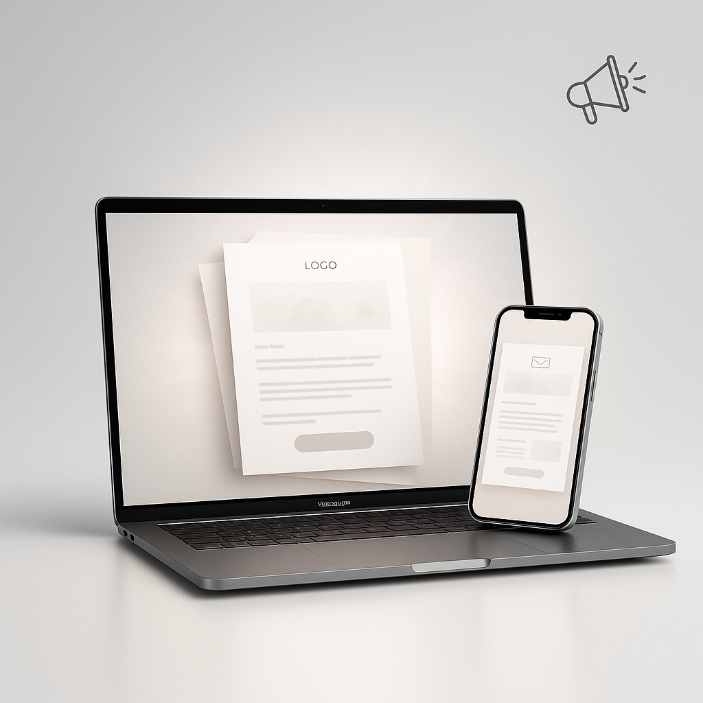 Dermaplaning email funnel mockup with devices displaying professional esthetician email templates for client nurturing and appointment bookings