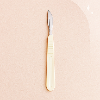 Luxury disposable dermaplaning blade handle with attached surgical blade displayed on a champagne satin background — elegant, high-end spa aesthetic ideal for estheticians and skincare professionals, optimized for Shopify product listings