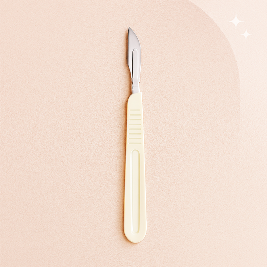Luxury disposable dermaplaning blade handle with attached surgical blade displayed on a champagne satin background — elegant, high-end spa aesthetic ideal for estheticians and skincare professionals, optimized for Shopify product listings