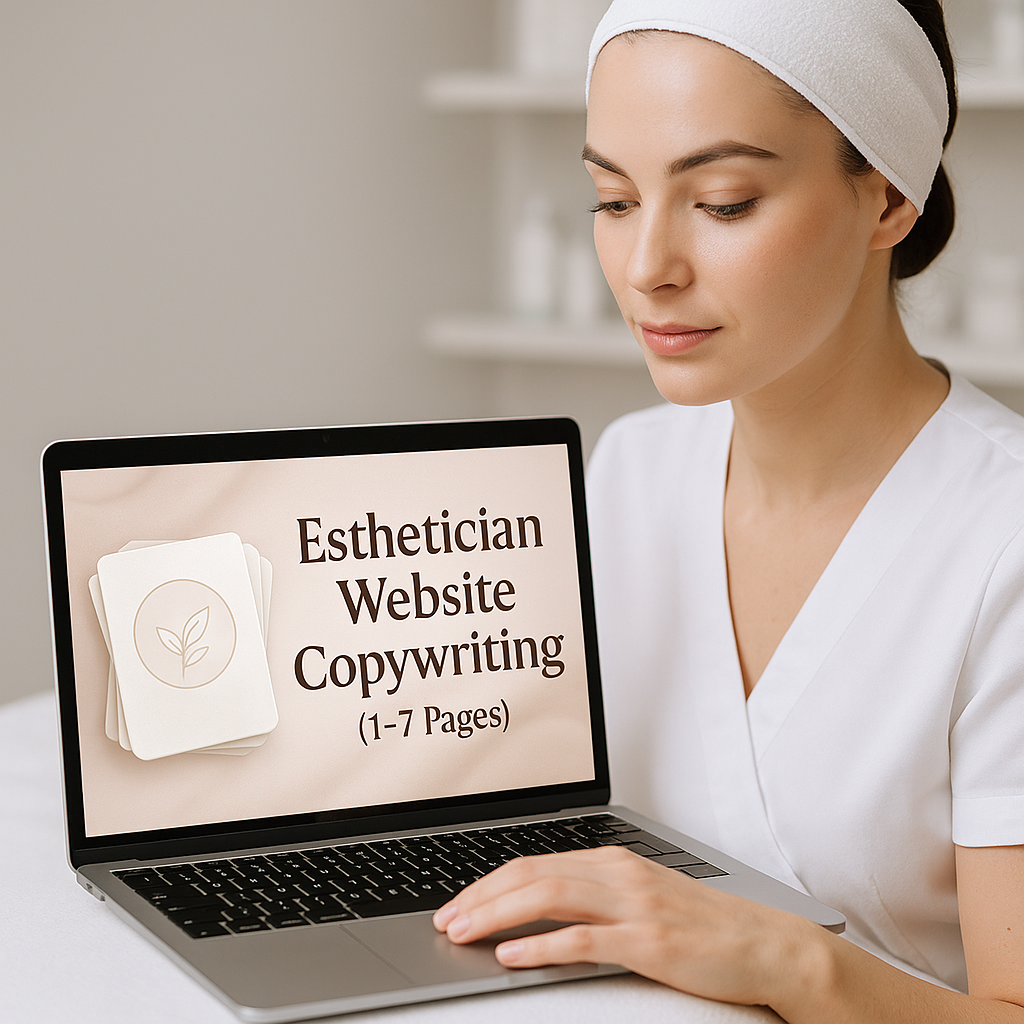 Esthetician working on a laptop reviewing website copywriting services for skincare and spa businesses.