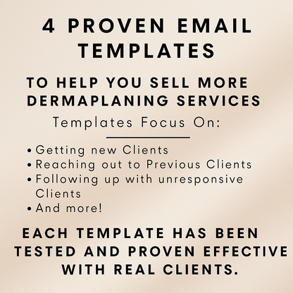 Dermaplaning email marketing template benefits graphic with full text describing client outreach, follow-up, and real-world results for estheticians.