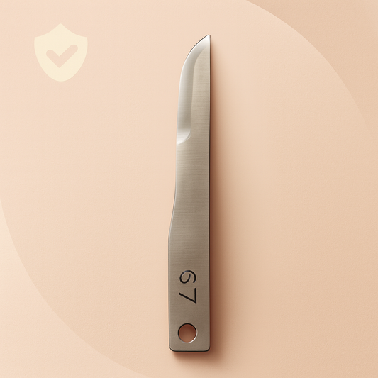 Luxury #67 surgical dermaplaning blade displayed on a champagne satin background — polished stainless steel with engraved “#67,” showcasing precision craftsmanship and professional-grade quality for estheticians and skincare specialists, styled for high-end Shopify product listings