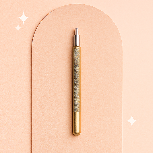 Luxury dermaplaning mini handle for estheticians displayed on a soft champagne satin background — polished stainless steel design with ergonomic grip, professional-grade tool ideal for precision skincare and spa treatments, optimized for high-end Shopify product listings.