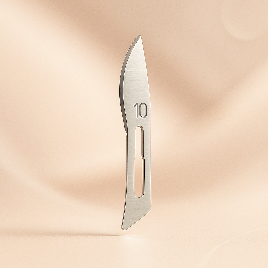 Luxury #10 surgical dermaplaning blade displayed on a soft blush background — precision stainless steel design engraved with “10,” ideal for estheticians seeking professional, high-quality tools for safe and effective exfoliation treatments.