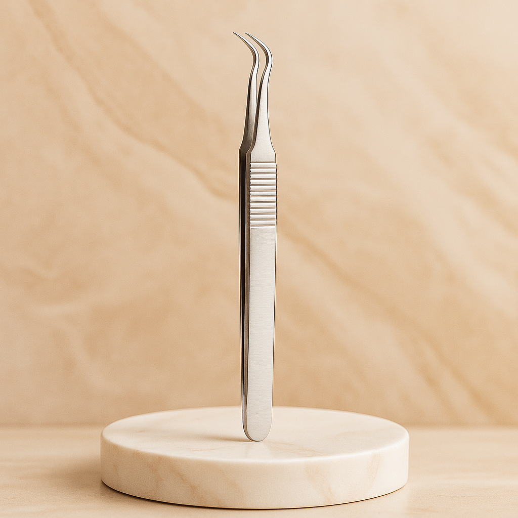 Professional stainless steel pimple popper and blackhead tweezers displayed on a soft beige marble surface with luxury spa lighting, high-end skincare tool for estheticians