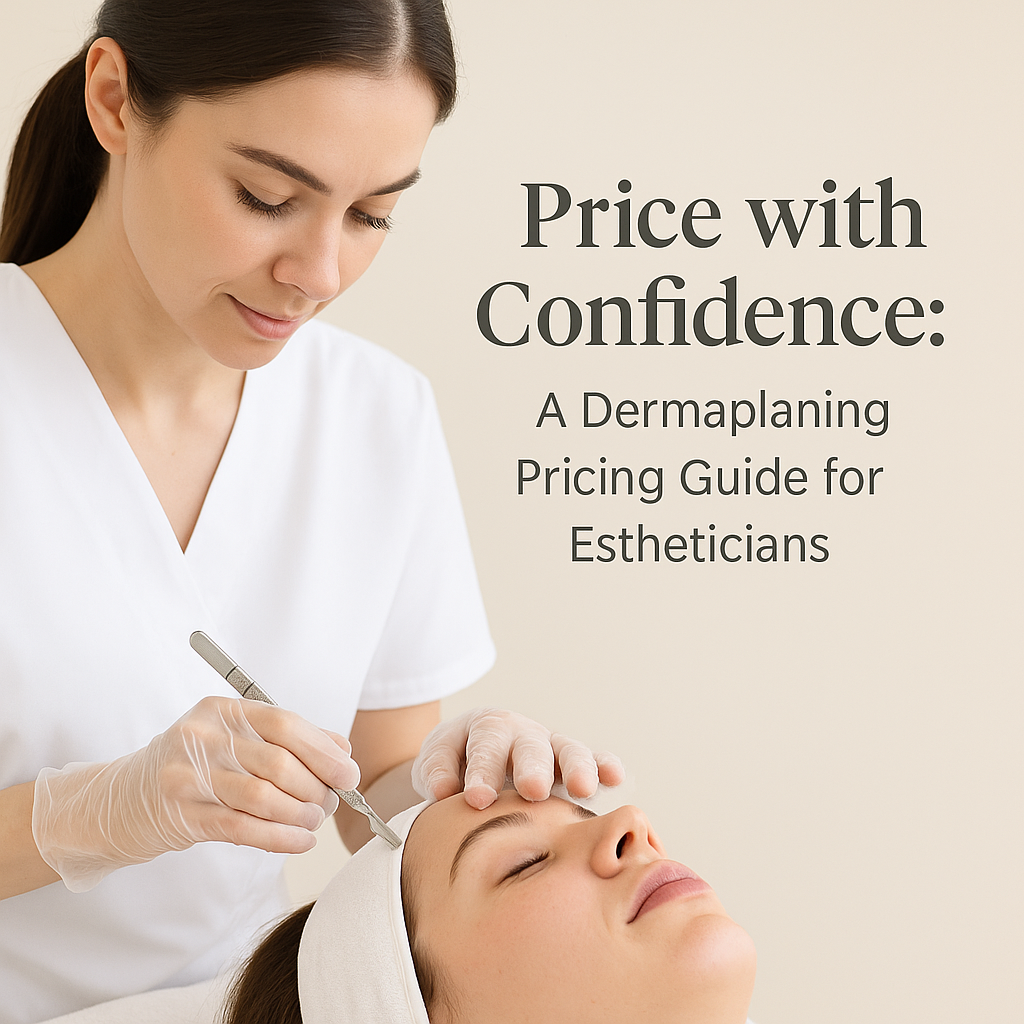 Digital course thumbnail for Price with Confidence: A Dermaplaning Pricing Guide for Estheticians, featuring professional esthetician hands and soft spa-inspired design.