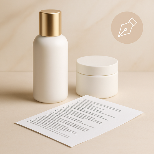 Minimal luxury flat-lay of skincare bottles and a printed document symbolizing professional product description writing for estheticians, styled with soft neutral tones and clean spa-inspired lighting