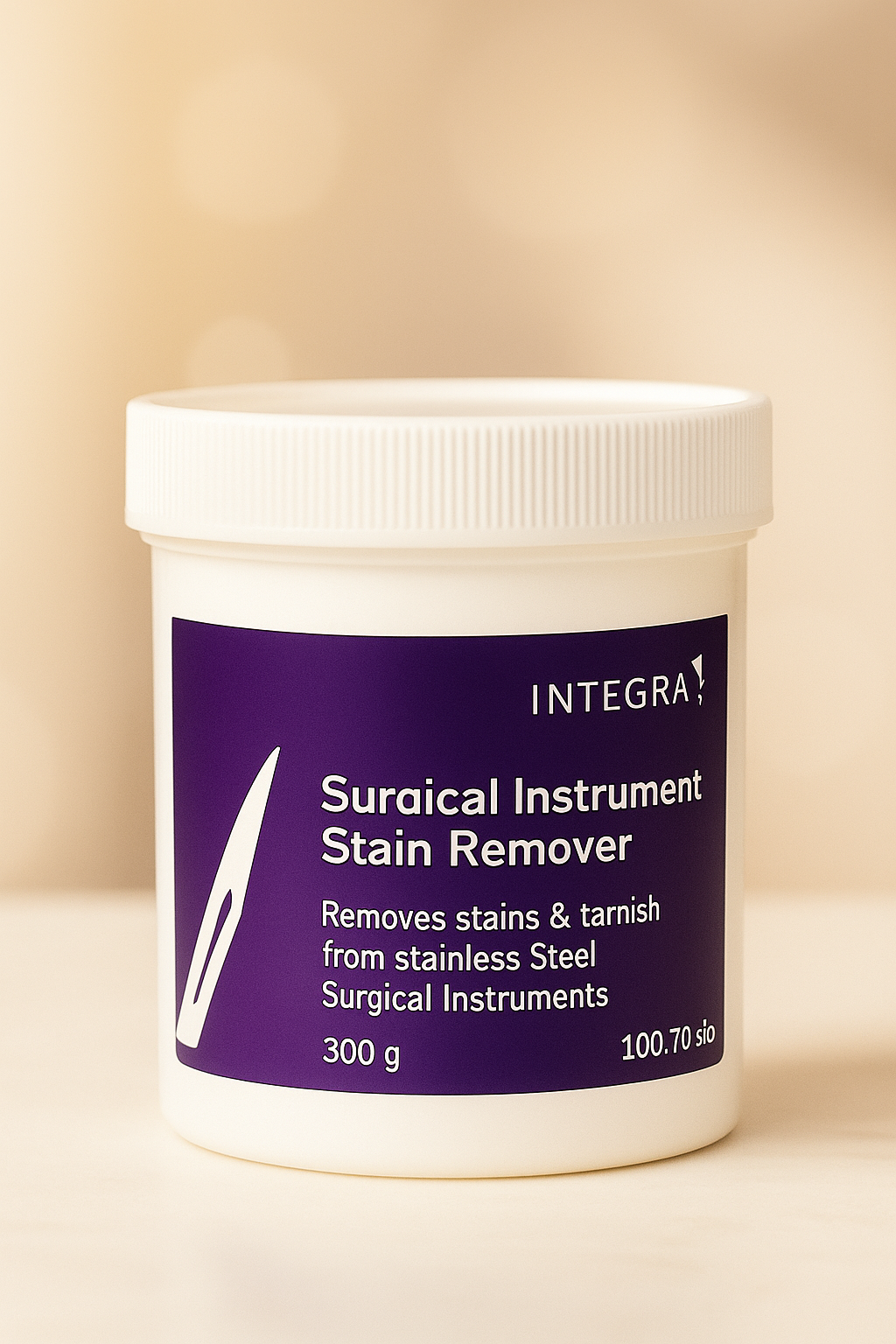 Luxury product mockup of Integra Surgical Instrument Stain Remover displayed on a white marble spa counter with a soft beige background, professional lighting, and minimalist packaging