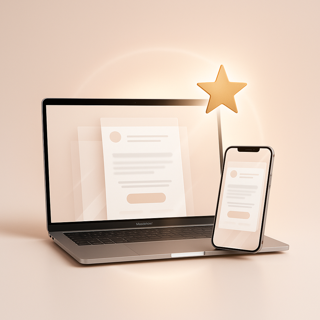 Skincare treatment feedback request email template mockup with laptop and mobile preview, designed for estheticians and spa client follow-up.