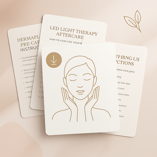 High-end mockup of esthetician treatment room documents and client education PDFs on a soft neutral background